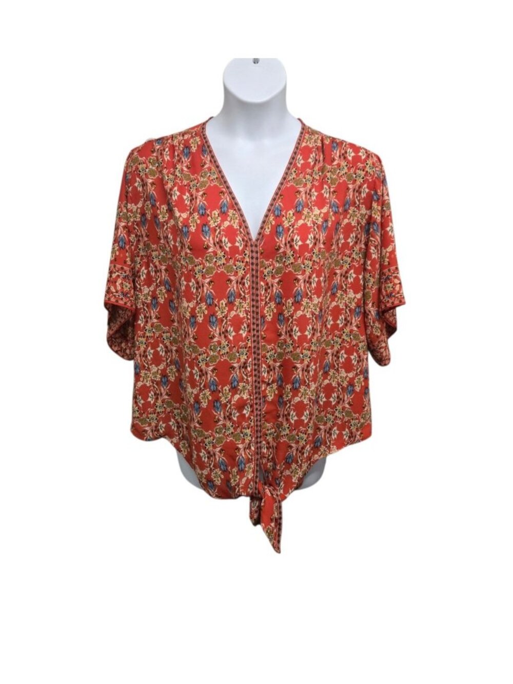 Max Studio Womens Size 1X Floral Print Tie Hem Top Flutter Sleeve Boho Casual